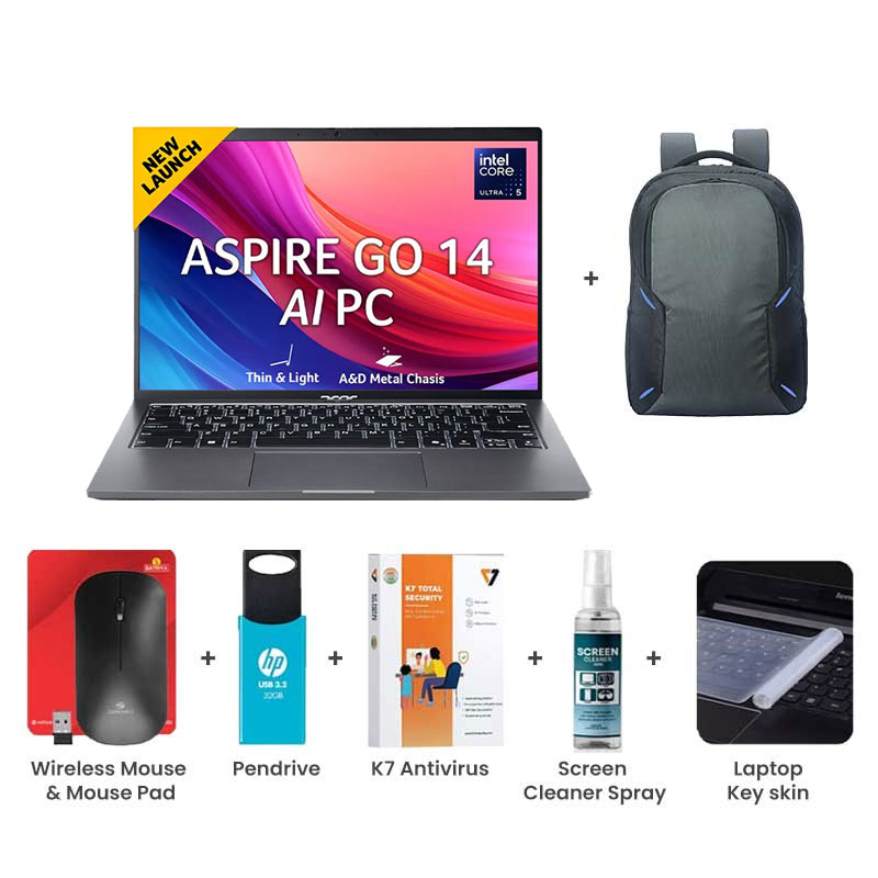 Picture of Acer Aspire Go 14 - Intel Core Ultra 5 125H 14.0" (35.56 cm) AG14-71M Premium Laptop (16GB/ 512GB SSD/ WUXGA IPS Display/ Backlit Keyboard/ Windows 11 Home/ MS Office/ 1Year Warranty/ Space Gray/ 1.5kg)  with Laptop Bag + Wireless Mouse & Mouse Pad + Pendrive + K7 Antivirus Single User + Screen Cleaner Spray + Laptop Key Skin